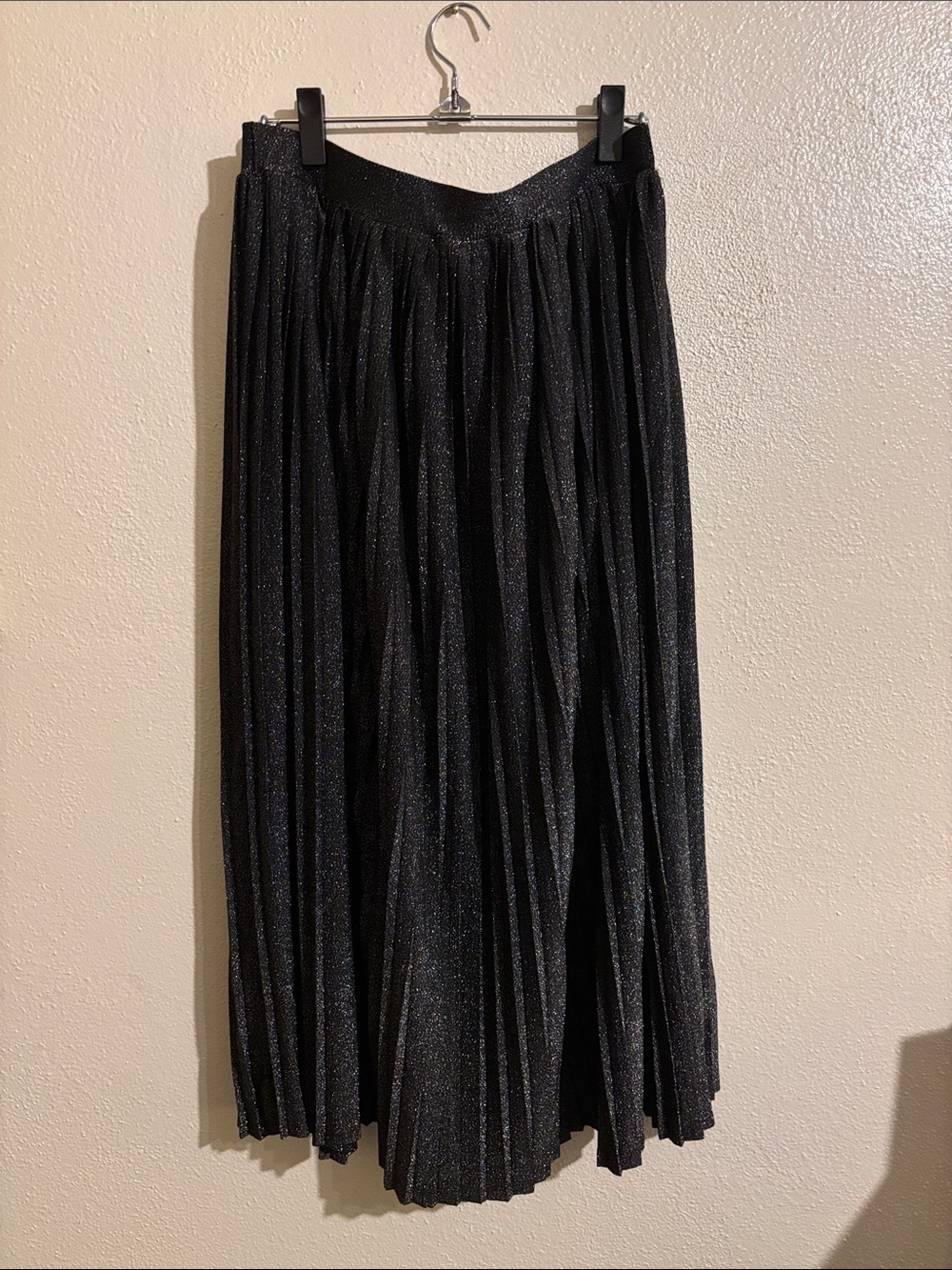 Black Metallic Pleated Midi Skirt